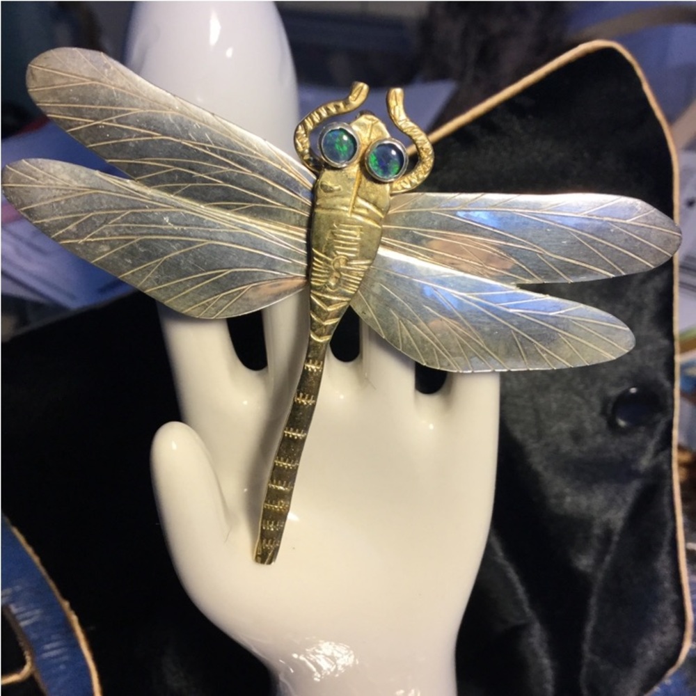 Sterling and vermeil Dragonfly Brooch/Pendant w Emerald eyes